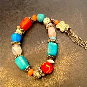 Red and Blue Beaded Bracelet with Eclectic Design